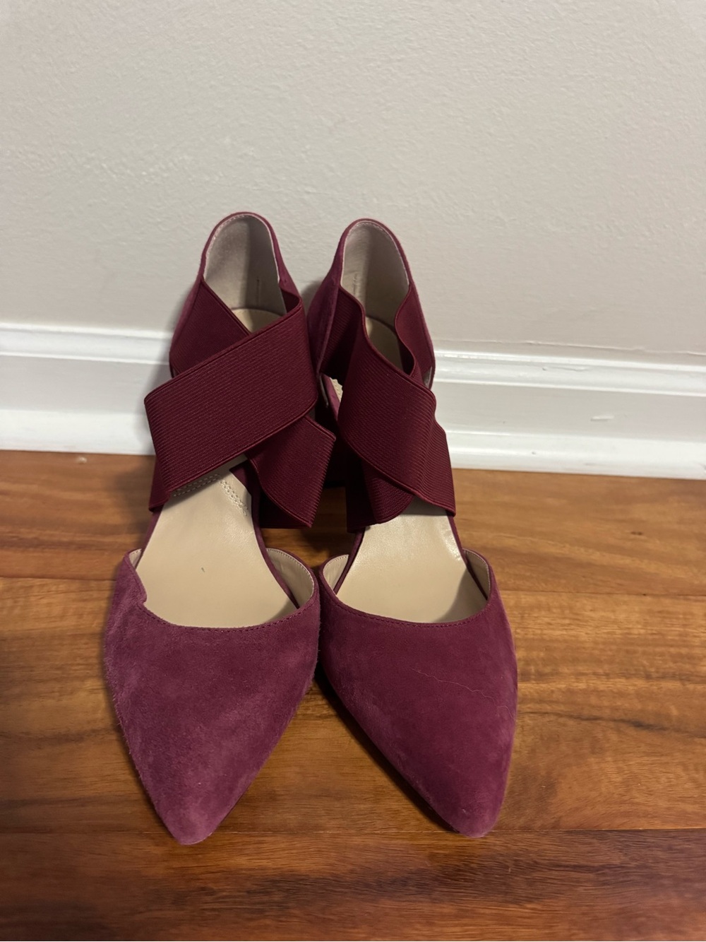 Adrienne Vittadini Burgundy Pointed Suede Heels with Elastic Crossover